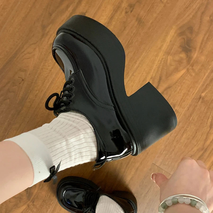 小个子增高单鞋系带粗跟百搭黑色小皮鞋2025新款厚底高跟鞋