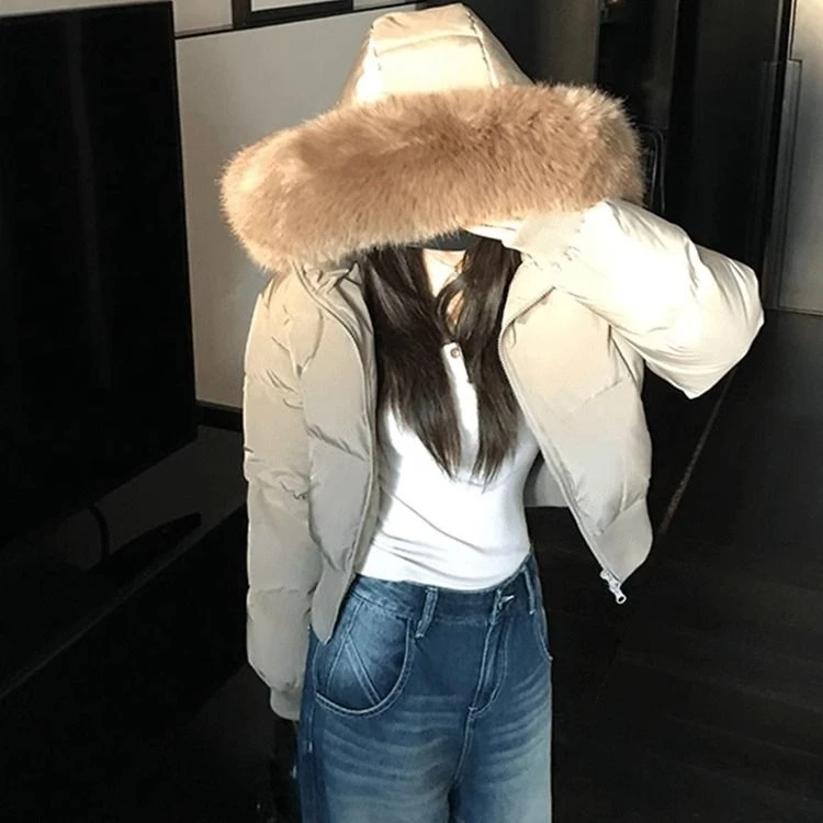 芬兰雪境韩里韩气学院风冬季毛领连帽收腰显瘦加厚短款羽绒棉服女
