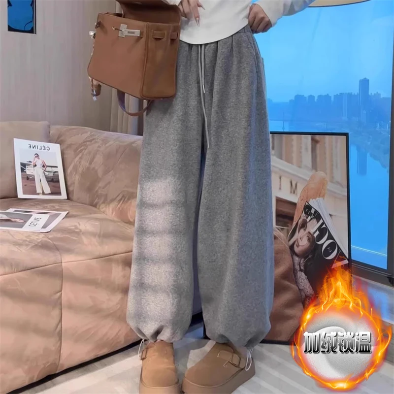 2025春季简约风高腰灰色束脚直筒阔腿长裤女小个子宽松显瘦卫裤