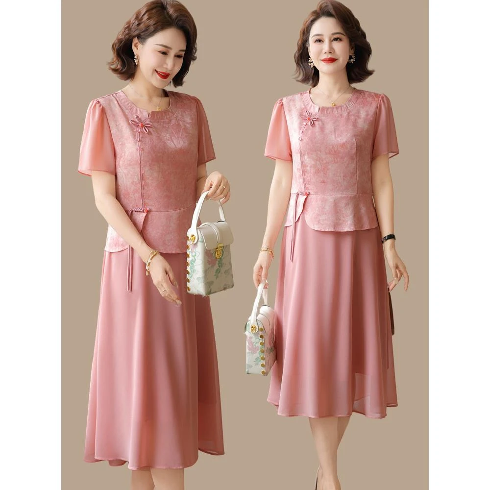 夏装假两件旗袍裙子新款洋气中老年喜婆婆女气质国风连衣裙夏季