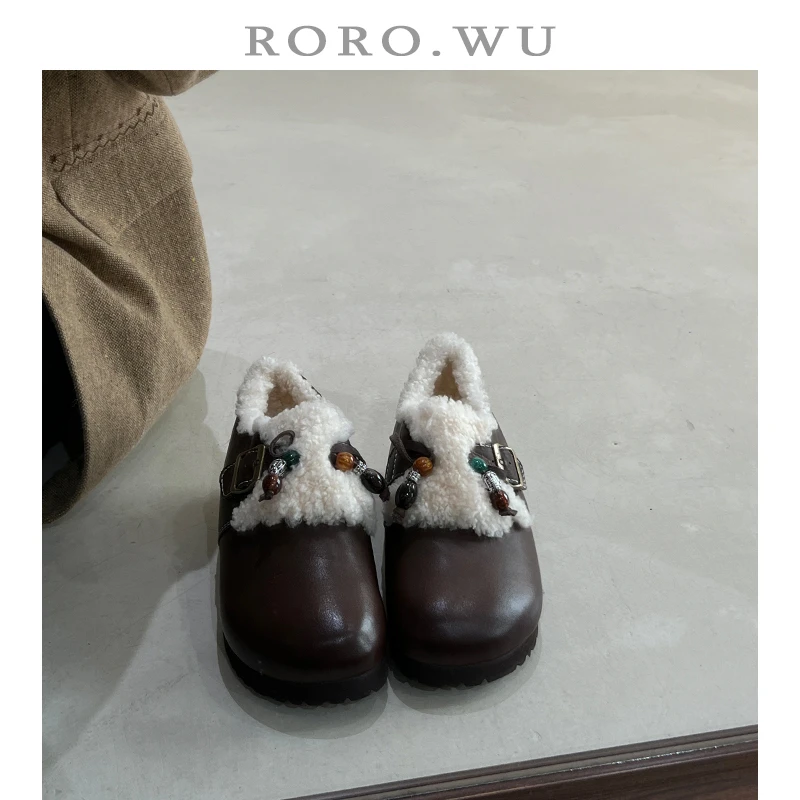 娆娆吴·头层牛皮加绒保暖皮带扣珠链毛毛鞋新款全包勃肯鞋女Y12