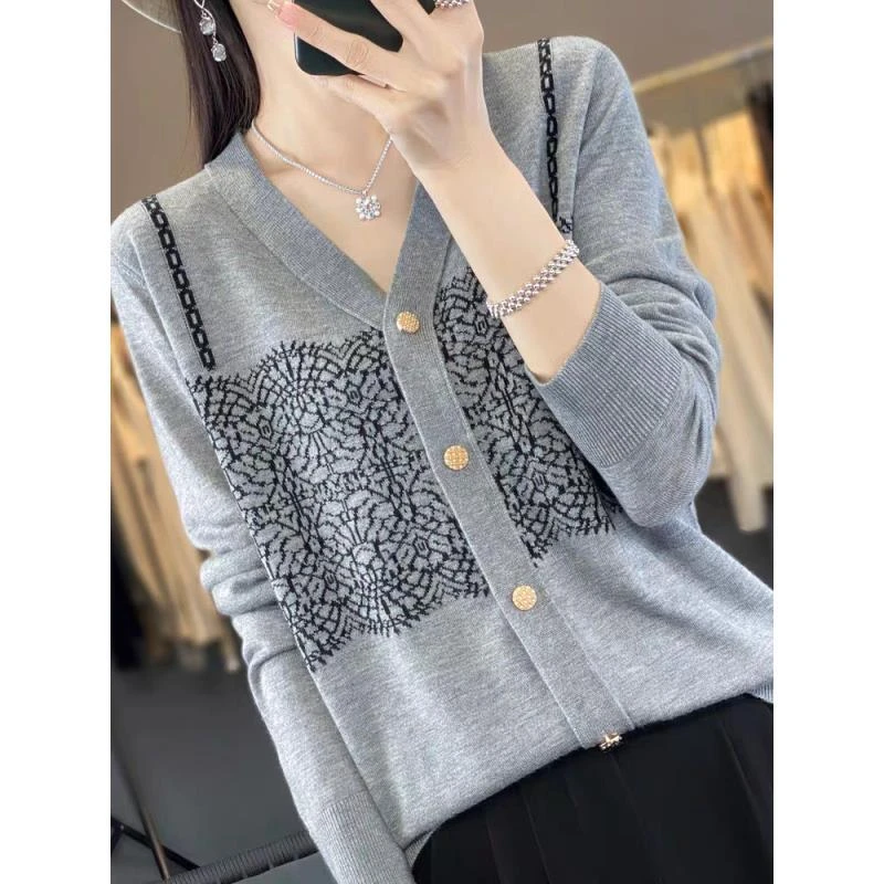 精纺羊毛V领提花开衫长袖女士春秋