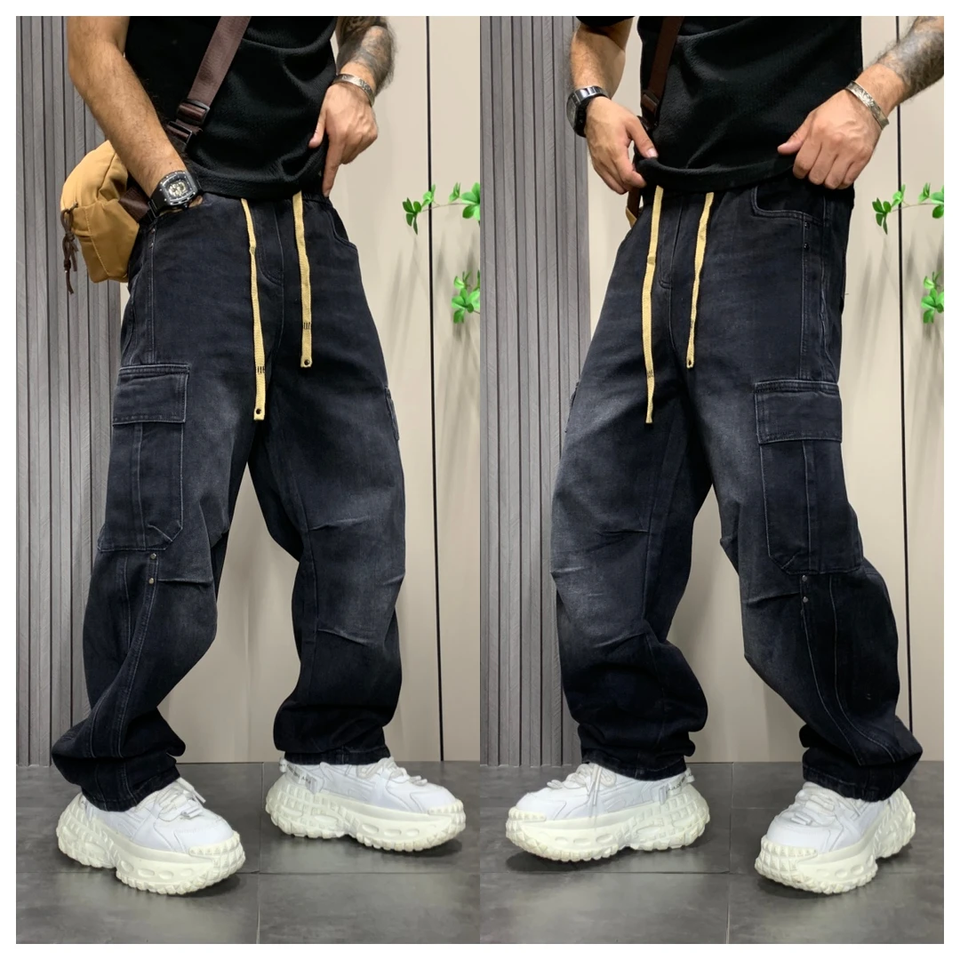 秋季阔腿工装牛仔裤男款美式潮牌大口袋宽松水洗复古高街拖地长裤