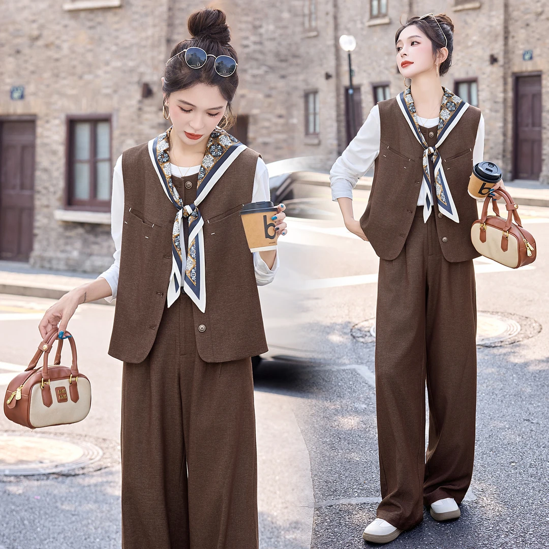 时尚气质显瘦套装女秋装爆款2025新款酷飒风西装马甲阔腿裤三件套