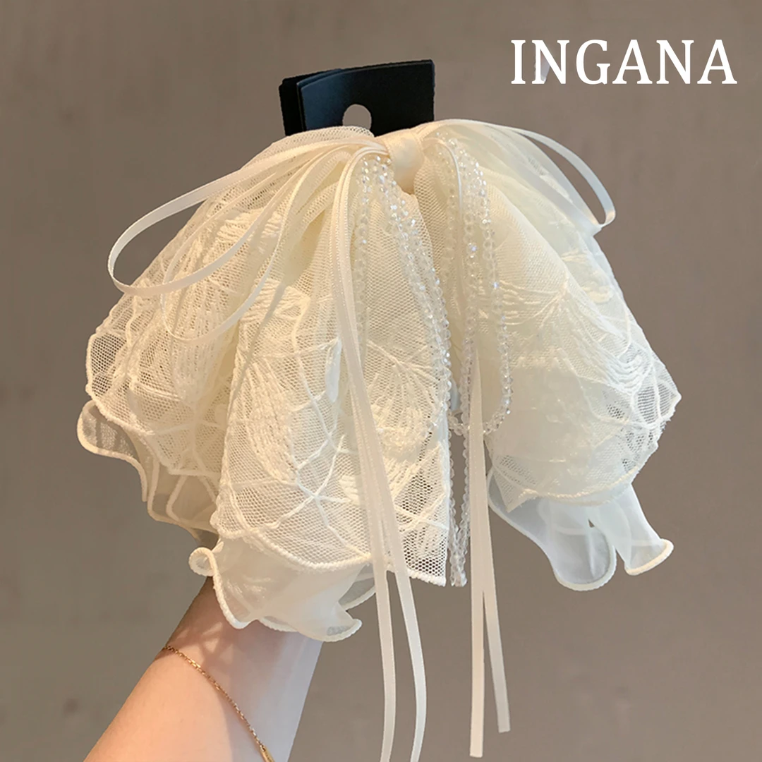 高级感刺绣蕾丝蝴蝶结马尾抓夹新款水晶盘发夹子轻奢后脑勺鲨鱼夹