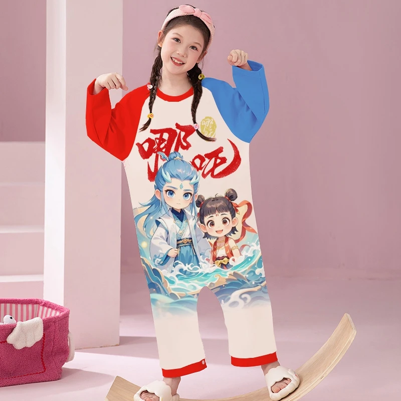 儿童连体衣睡衣春秋季纯棉长袖女童防踢被睡袋中大童女孩子家居服