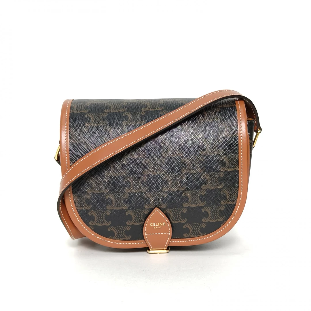 99新 Celine/思琳 攀攀 Folco 马鞍包 中号 凯旋门印花 褐色 PVC