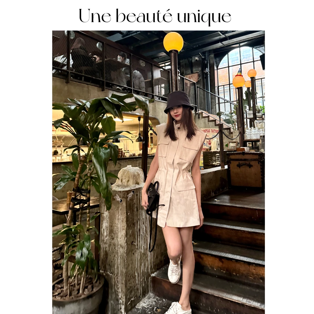 【阿纳西】气质休闲高级显瘦夏季小众收腰无袖设计感宽松短款连衣裙