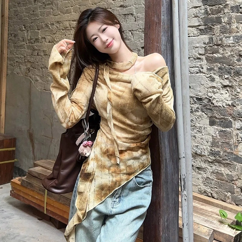 痞帅炸街风女装扎染斜肩长袖T恤女小众外穿辣妹风不规则气质上衣