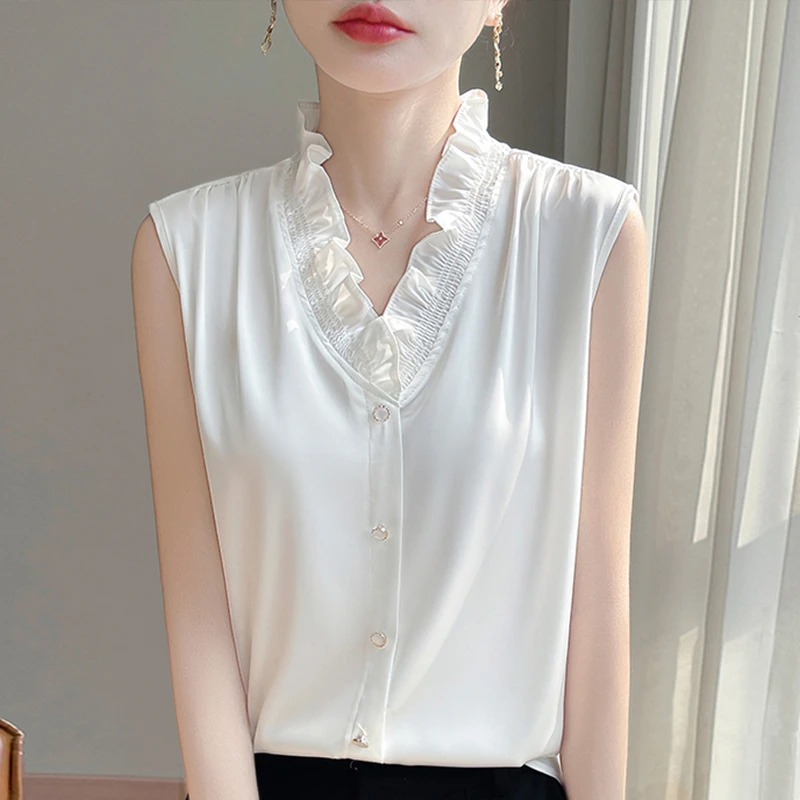 法式V领木耳花边宽松大码无袖衬衫气质内搭女叠穿背心女2025新款