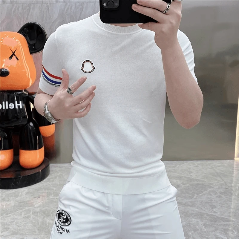 2025欧货轻奢男士针织冰丝短袖T恤纯色时尚百搭夏季半袖上衣圆领