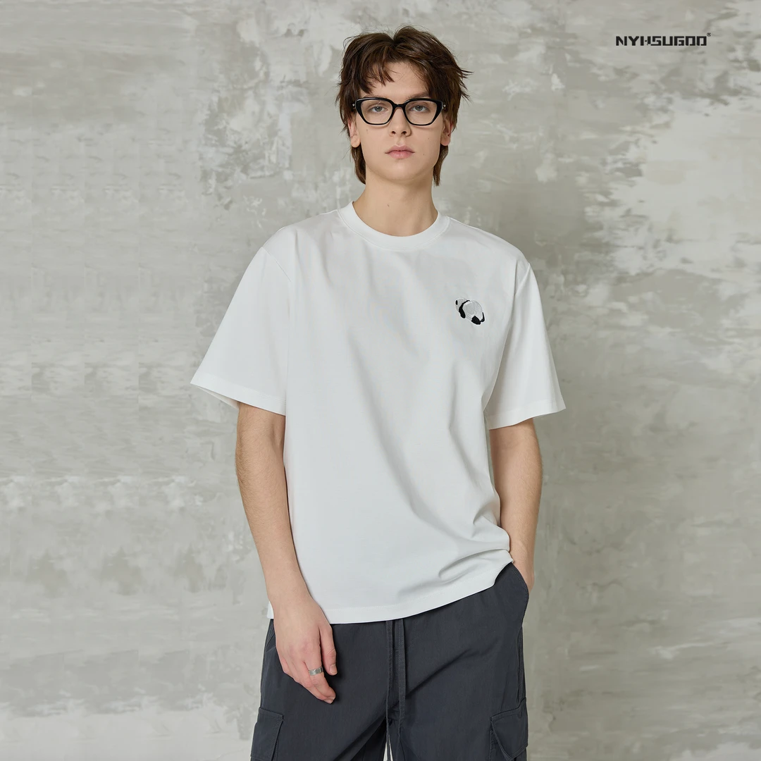 NYHSUGOO/南乙3506夏季男士熊猫刺绣短袖重磅叶安棉凉感情侣上衣