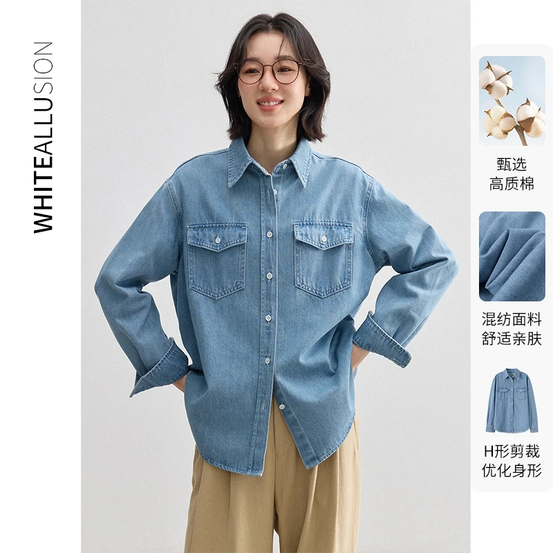 素典【海岸来信】女士复古浅蓝色牛仔衬衫休闲简约通勤外套上衣3313