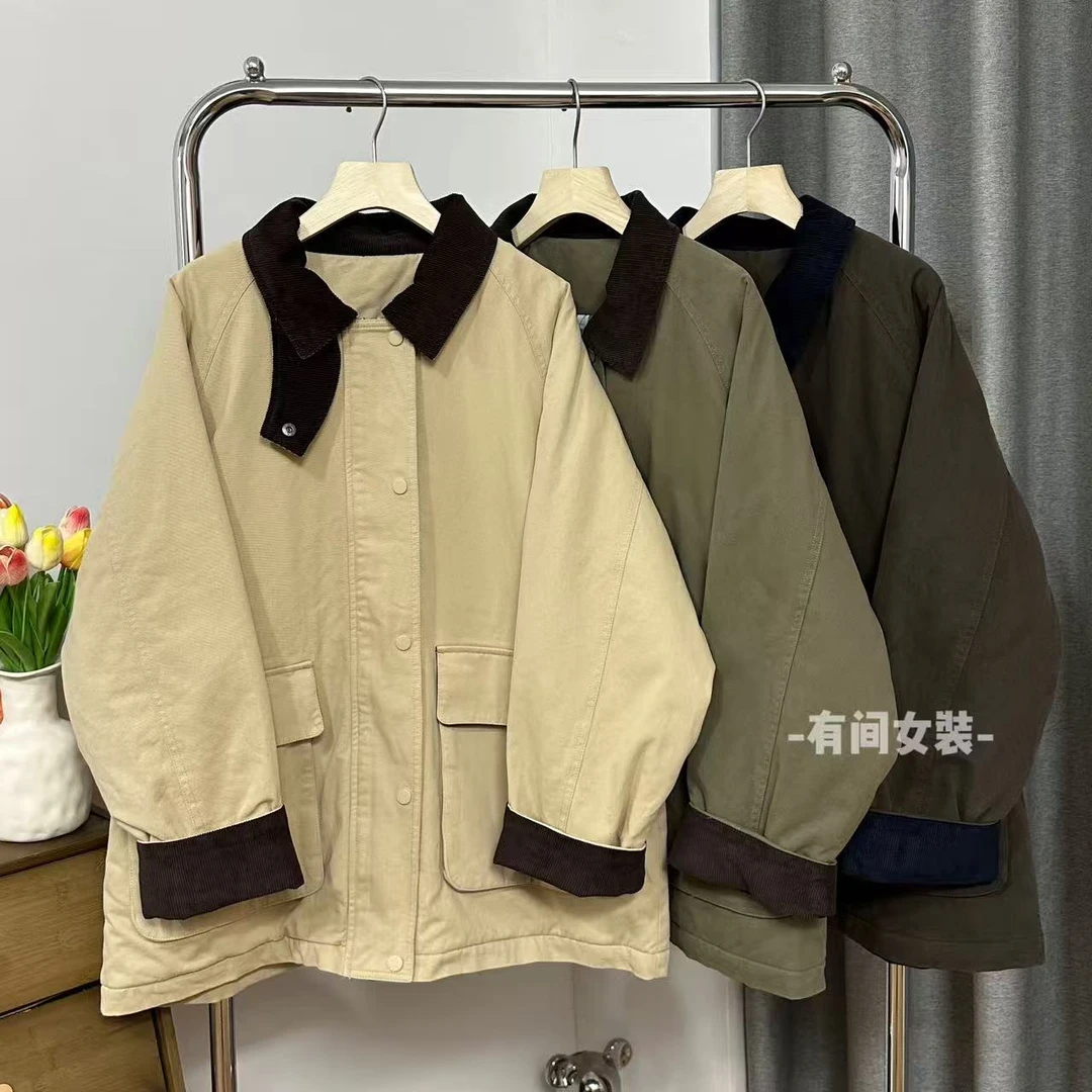 大版工装棉衣外套宽松中长款休闲百搭女冬季棉服复古拼接翻领做旧