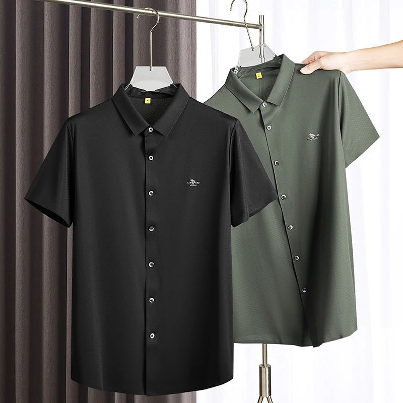 【冰丝透气】24年胖子加肥加大码男装商务休闲纯色翻领短袖衬衫6127