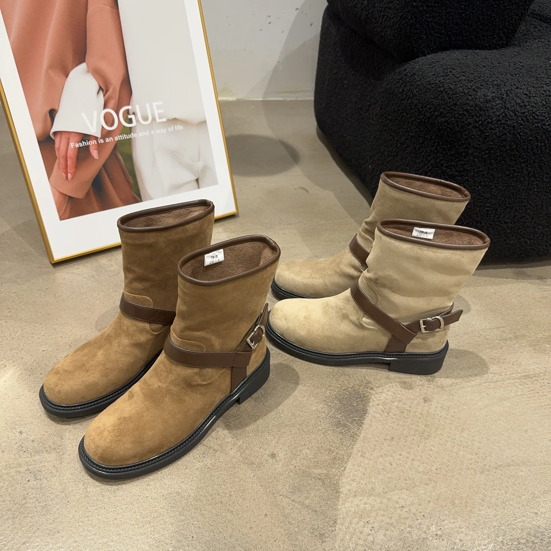 779-75乐乐家秋冬季新品女绒面低跟瘦瘦靴简约软底一脚蹬短靴韩版