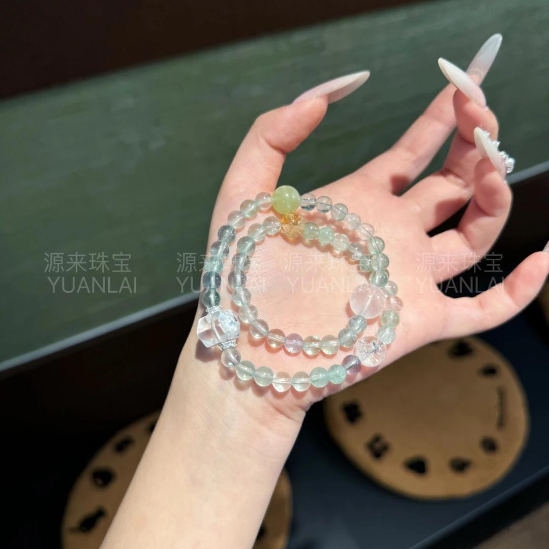 YY06 萤石白水晶黄塔晶岫玉双圈手串