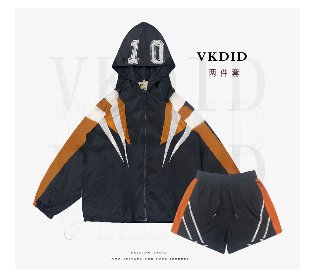 VKDID夏季套装连帽防晒外套+短裤宽松运动风撞色时尚外穿运动女装