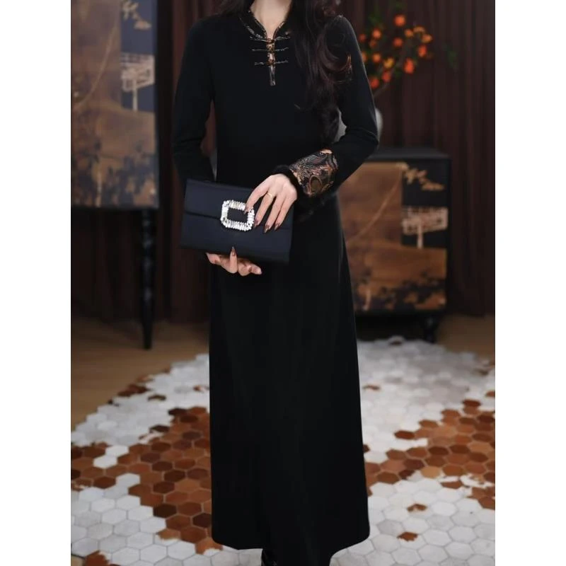【晚沙】新中式长款时尚气质黑色休闲透气拼接宽松复古长款连衣裙