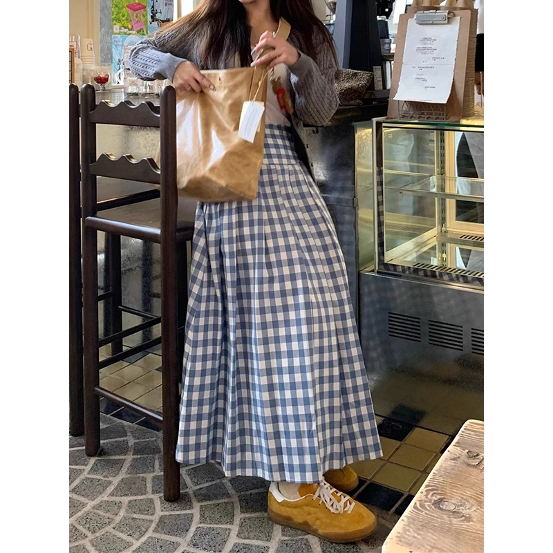 韩系格子半身裙女早春季高腰百褶裙学院风A字裙显瘦大摆裙长裙子