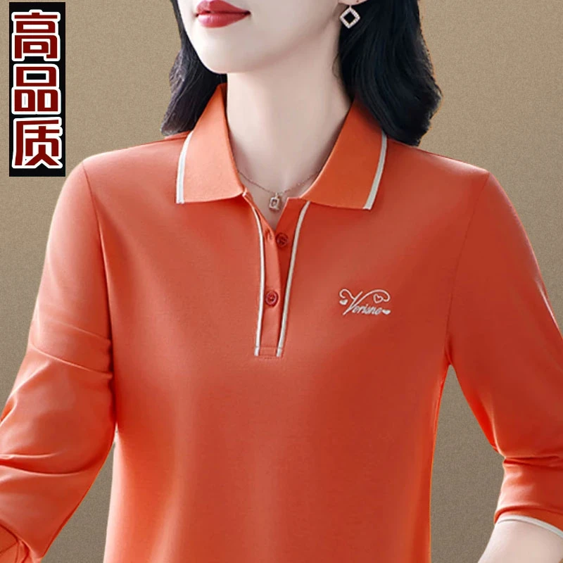 翻领长袖t恤女春秋季洋气中年妈妈休闲运动polo衫打底刺绣上衣服