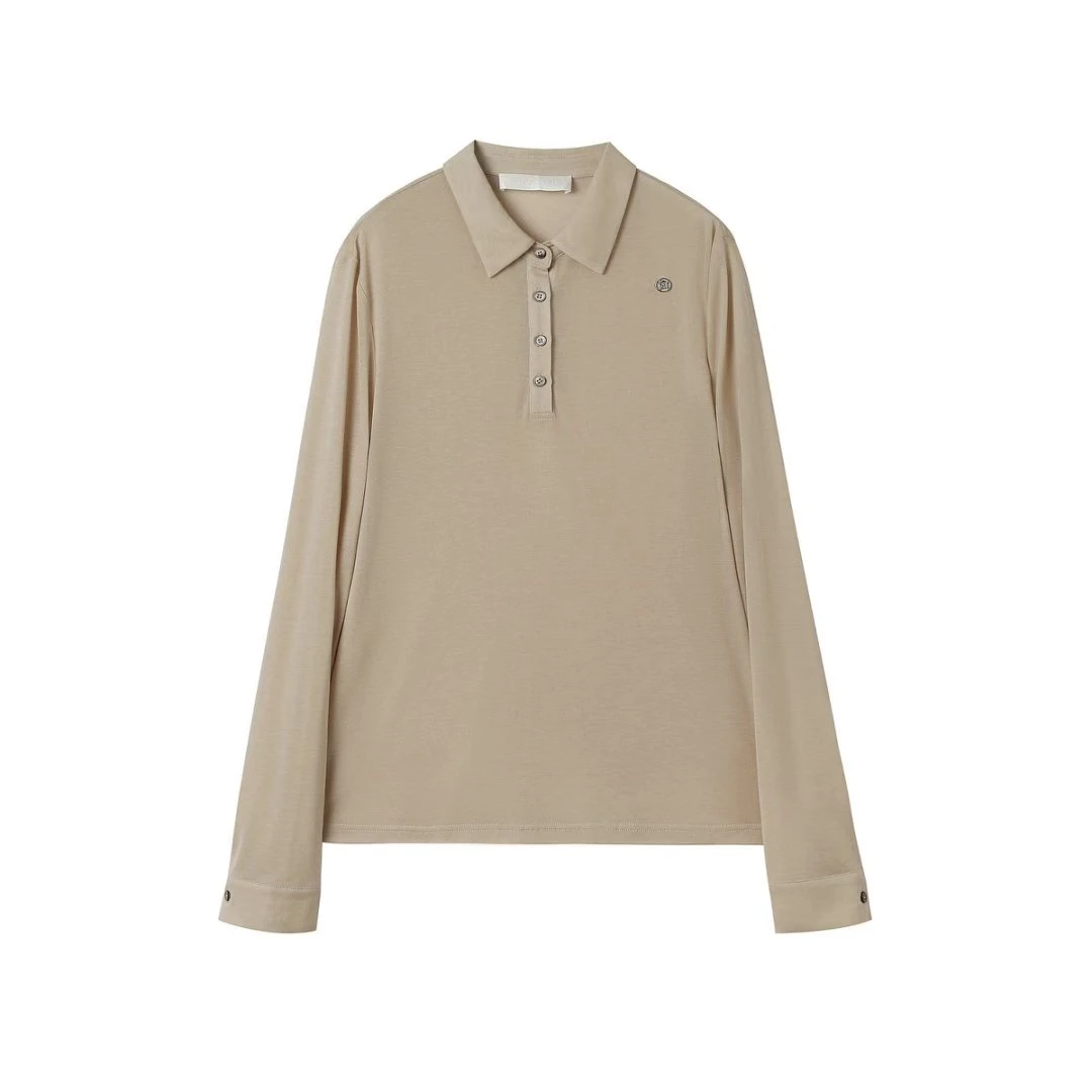 UHOO WU设计师品牌 25PS卡其色天丝羊毛LOGO领打底上衣