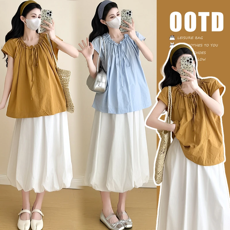 时髦孕妇装夏季新款气质领口抽褶上衣搭配抽绳半身裙显瘦洋气套装