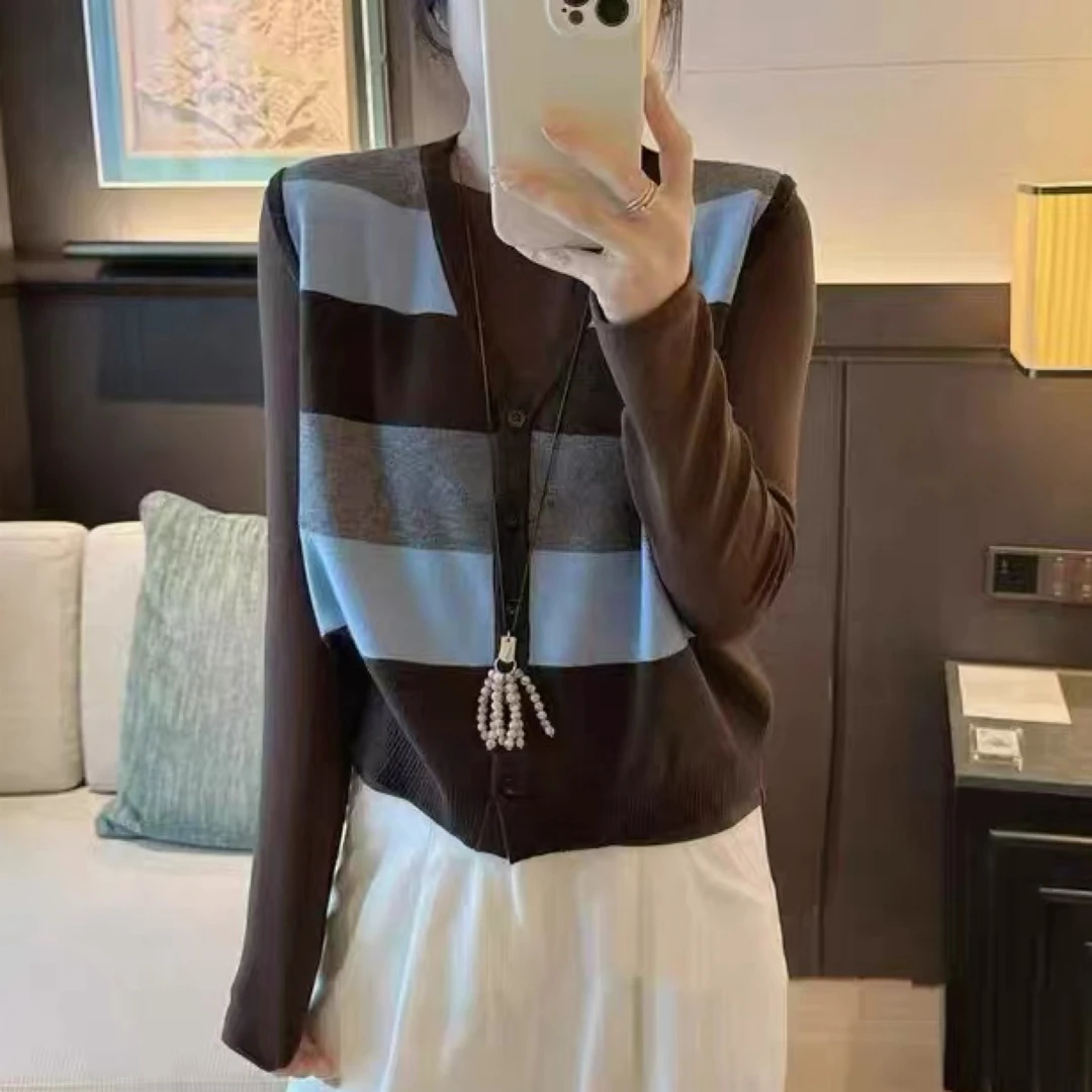 9703秋装韩系洋气时尚撞色v领细羊毛针织衫马甲套装女+长袖两件套