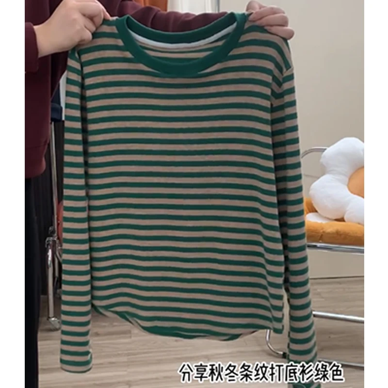 大码200斤早春小众韩系圆领条纹打底衫女正肩显瘦洋气百搭长袖t恤