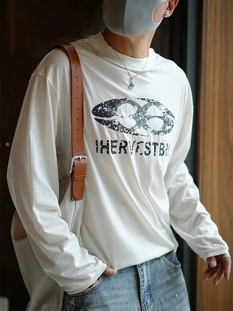 日系复古薄款印花防晒长袖t恤男士夏季潮流新款纯棉简约圆领T恤