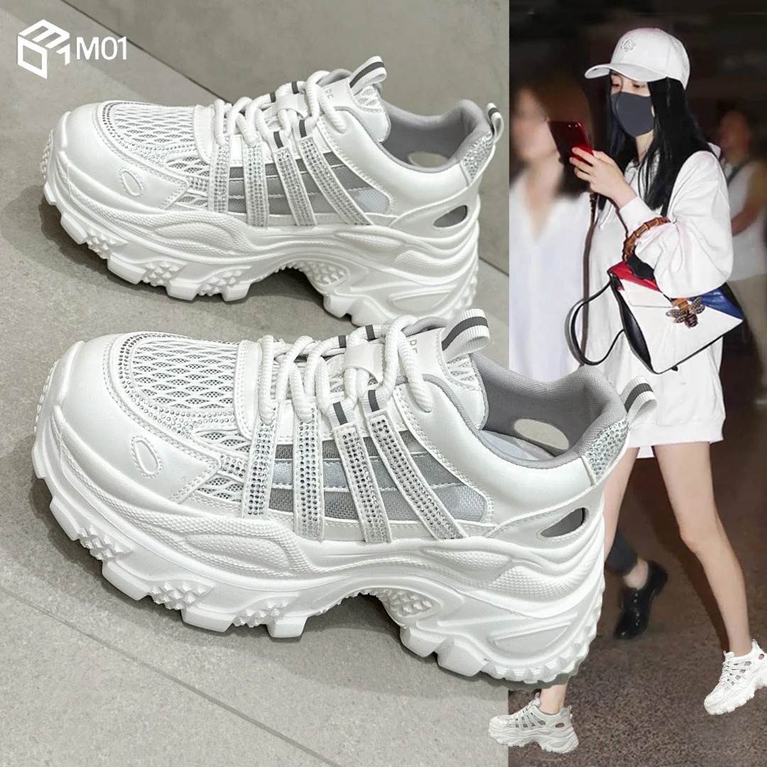 M01夏季包头运动老爹凉鞋女2025爆款时尚水钻镂空厚底增高休闲鞋