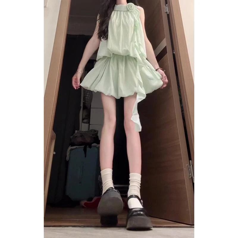 2025夏季新款女法式气质花朵荷叶边无袖上衣高腰显瘦花苞半身裙