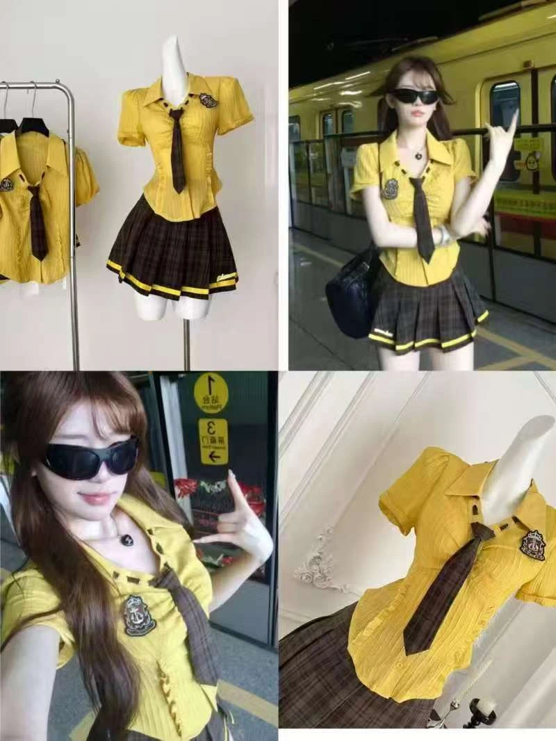 【美式学院】甜美套装夏季修身显瘦纯欲学院风衬衫上衣+半身裙套装