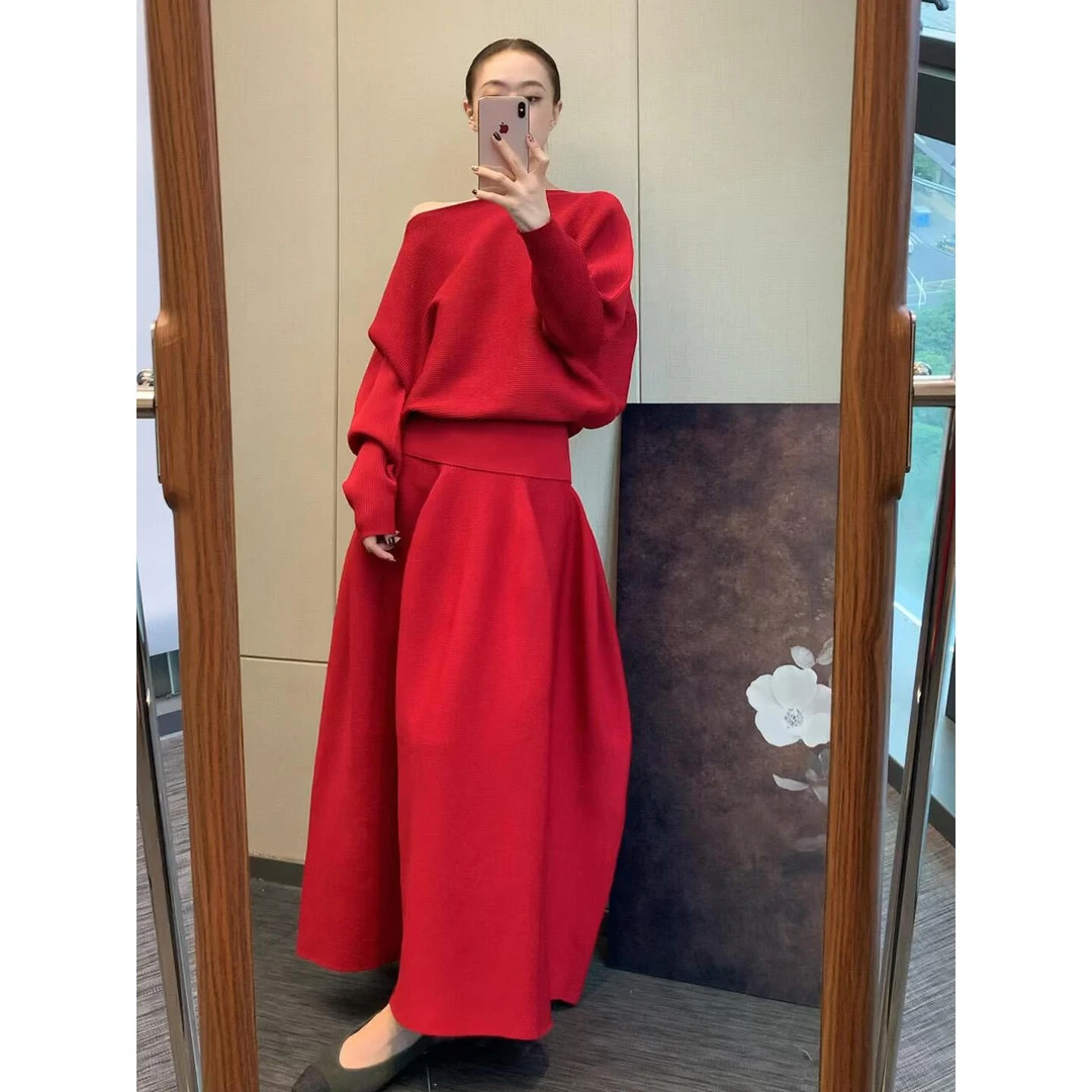 欧货休闲运动套装女秋季松弛感宽松减龄显瘦红色毛衣阔腿裤两件套