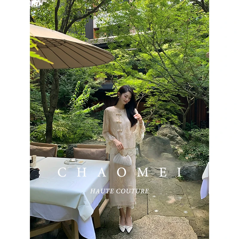 冯(CHAOMEI【山茶花】新中式国风女装高级感轻奢初秋外套缎面半裙
