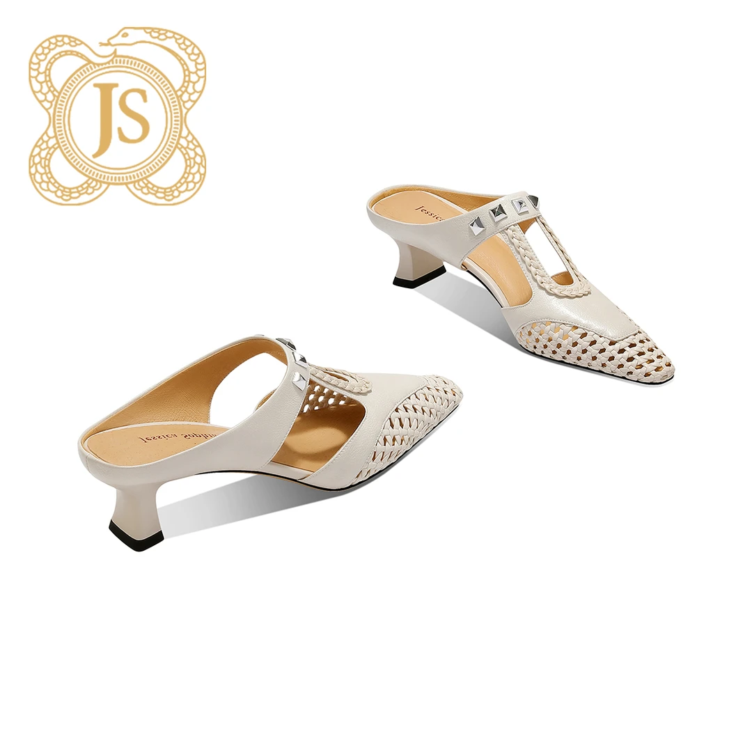 已开价，7645L65F1夏季镂空半拖拼接真皮秀气小方头时尚铆钉高跟鞋