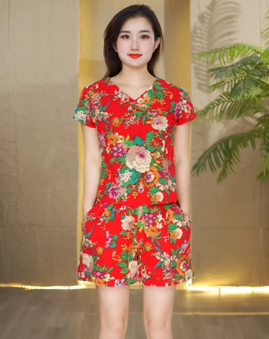 东北大花套装民族风休闲两件套装女新款简约V领短袖短裤夏装