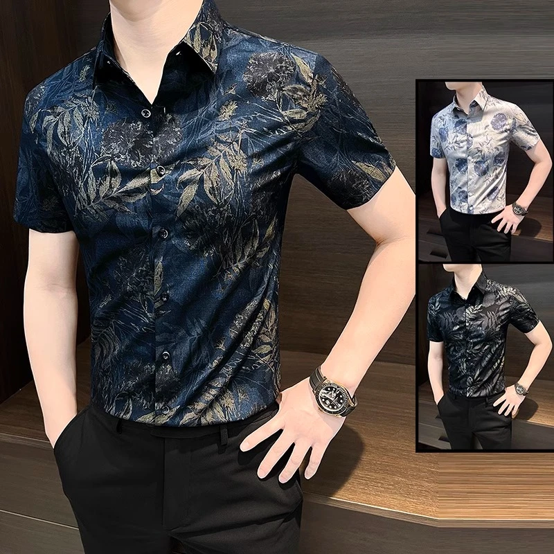 FANCBUDY男士花衬衫短袖夏季新款冰丝高级感痞帅修身印花碎花衬衣