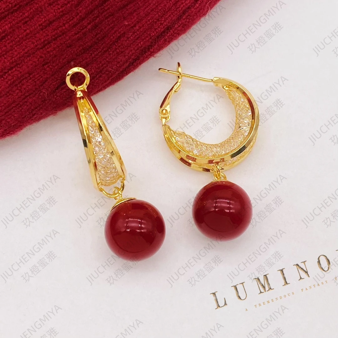 铜合金合成锆石耳饰 晚霞如画KL484复古红色法式简约百搭珠珠耳环