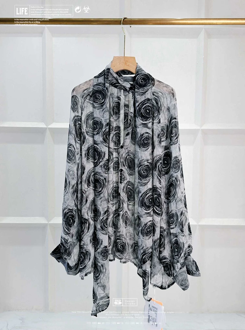 黑白玫瑰浪漫绽放绑带蝴蝶结设计衬衫时尚百搭