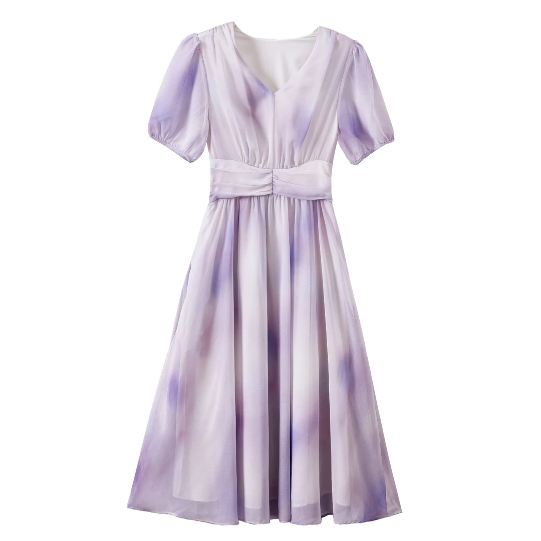 【云云专属】魅力神秘晕染紫V领梦幻系显瘦浪漫穿搭连衣裙58190-1