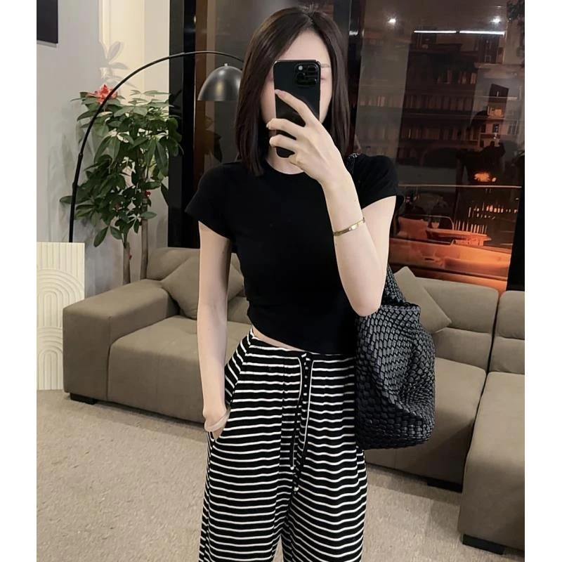 【OS&oneshow】条纹阔腿直筒裤黑色圆领上衣夏季新款慵懒日常套装女
