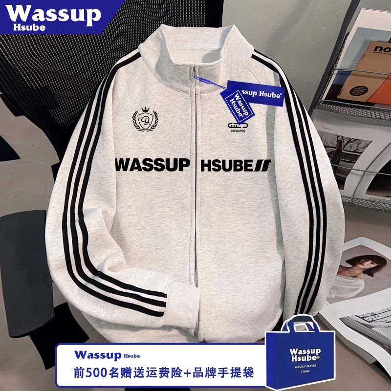 WASSUP HSUBE麦穗盾标印花外套高街男女款开衫秋季慵懒感拉链卫衣