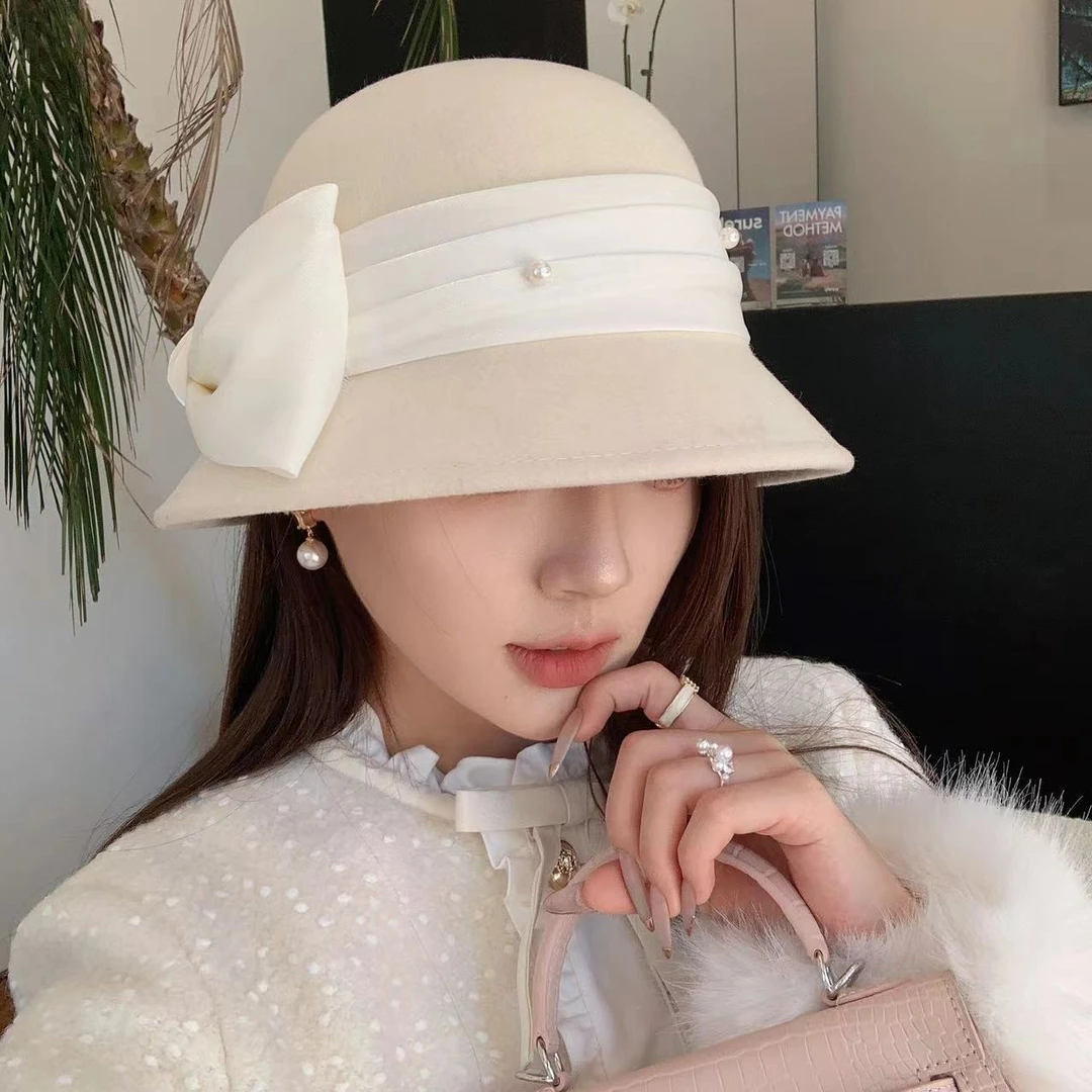 25复古赫本风纯羊毛珍珠缎带盆帽复古赫本风渔夫帽优雅名媛毛昵帽