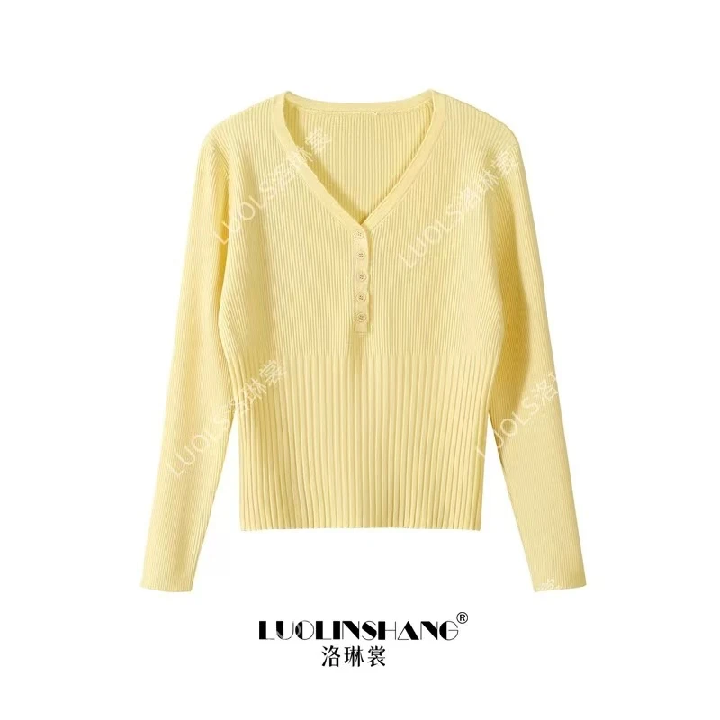 秋季别致V领针织打底衫修身显瘦薄款收腰高级感毛衣2025新款上衣