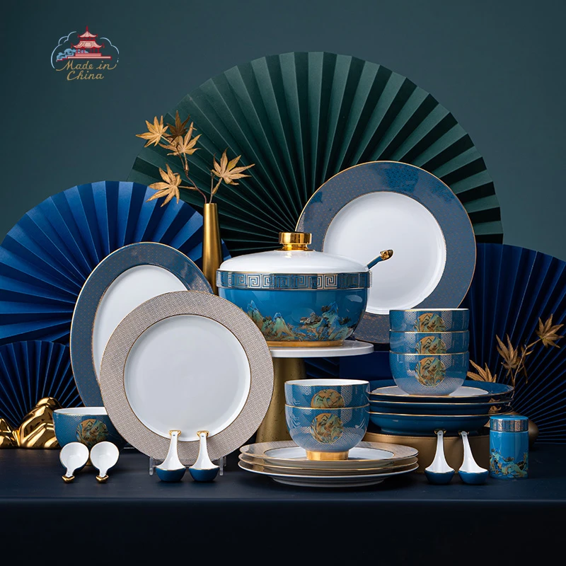 龙珠阁国瓷千里江山22-37头餐具套装景德镇陶瓷新中式碗盘套装