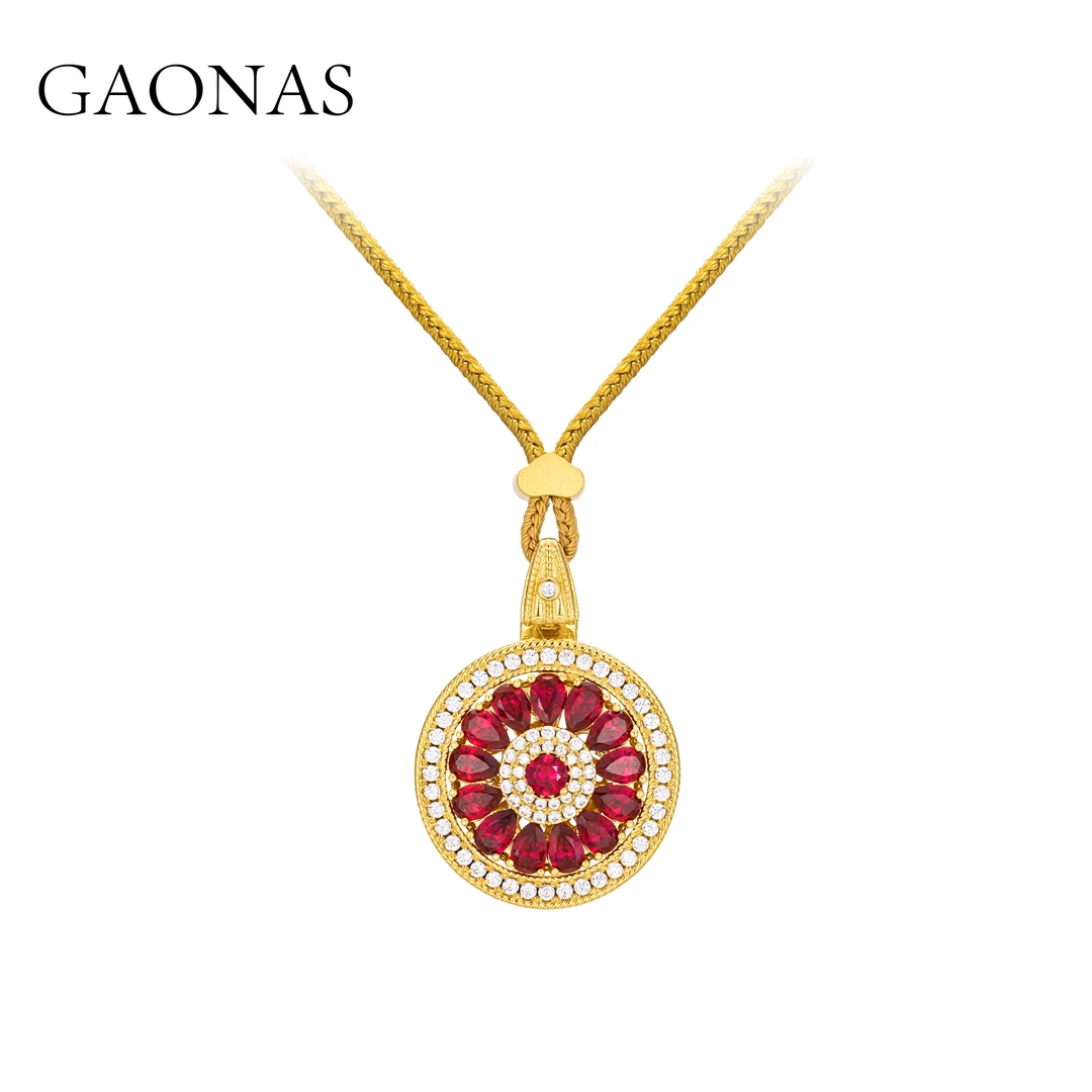 GAONAS 镀K金合成锆石项链 中式国风红色罗盘设计项链11232XR