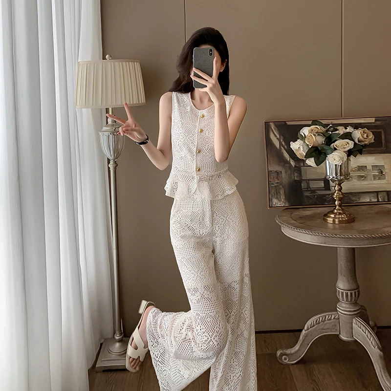 时尚气质套装女2025新款重工刺绣工艺拼接荷叶边上衣阔腿裤两件套