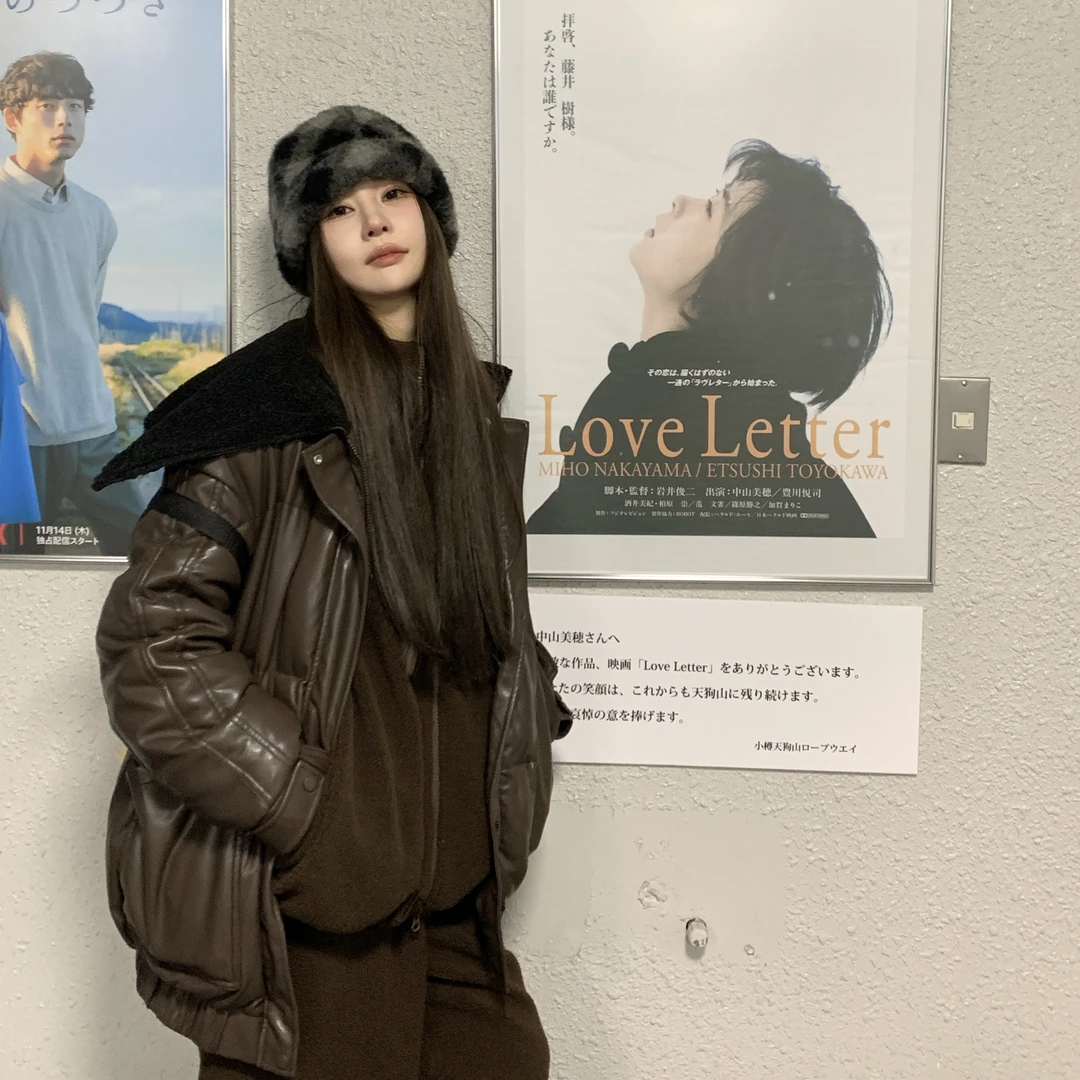 【First Love】奶油泡芙拼接翻领冬季保暖咖色皮羽绒服