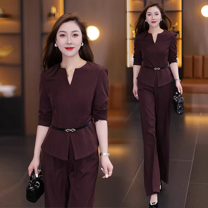 拉夏贝尔时尚气质套装女2025新款洋气显瘦收腰上衣阔腿裤两件套装